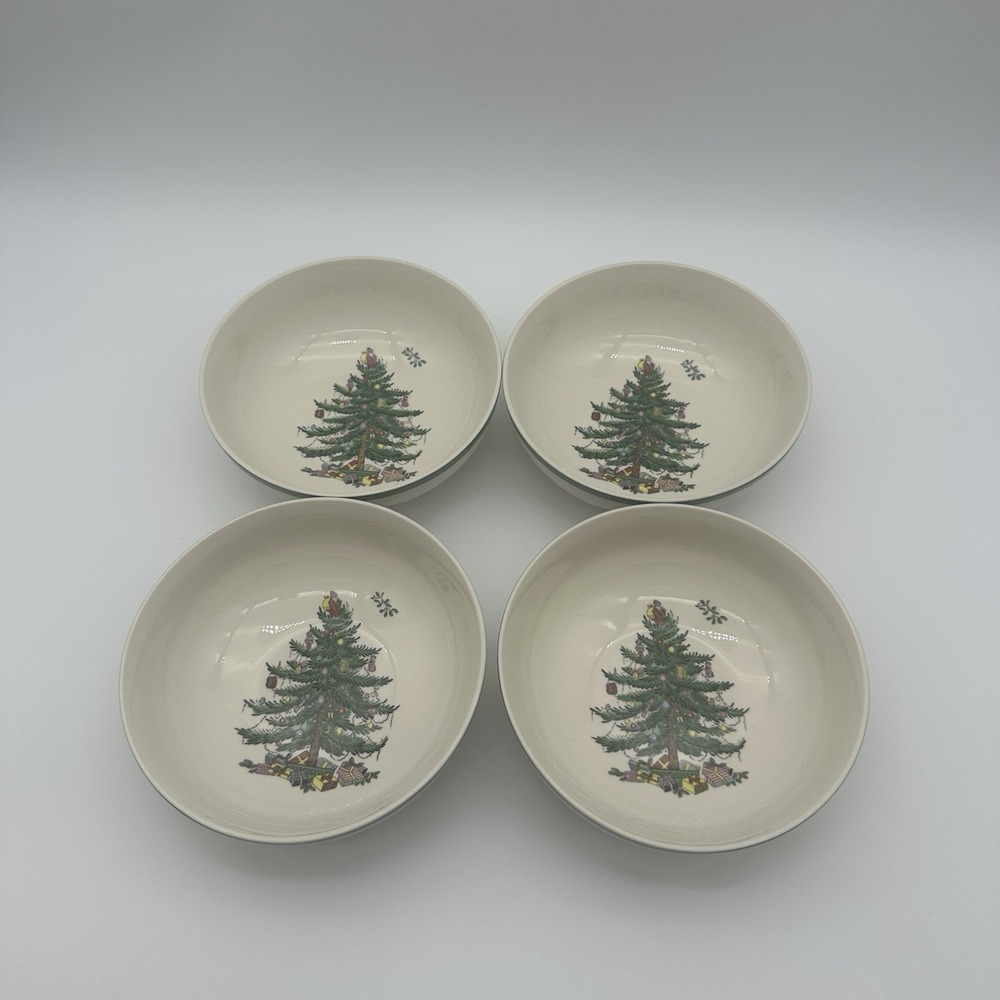 SPODE 4 @ 6" CHRISTMAS TREE Green Trim Coupe Cereal Bowls, Excellent